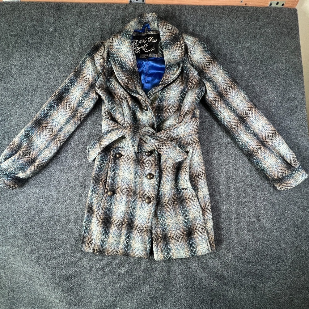 Me Jane Pea Coat Women Medium Blue Gray Geometric Lined Belted Waist Shawl Lapel